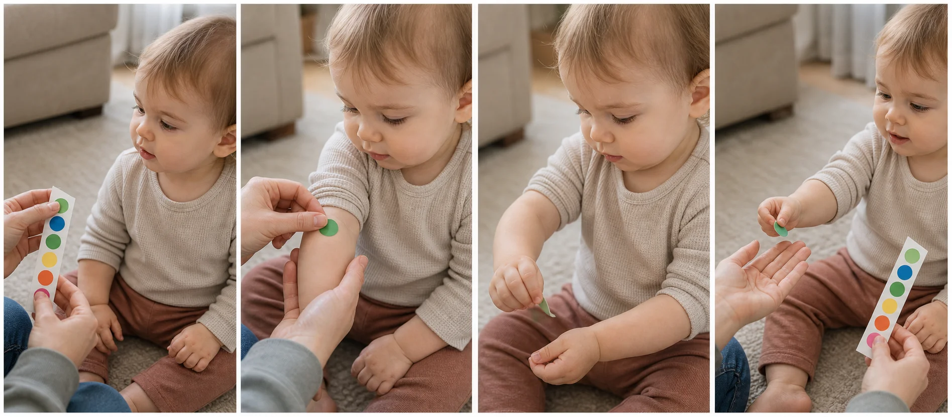 A multi-panel sequence showing a grown-up placing one sticker on a toddler's arm, the toddler finding it, peeling it off, and waiting for the next turn.