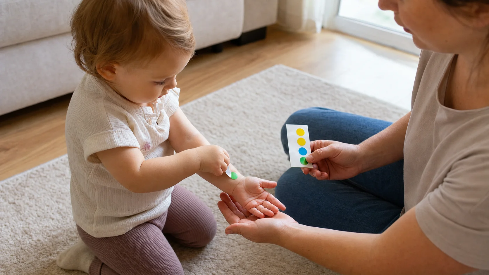 A toddler looking at a sticker on their forearm while peeling it off as a grown-up sits nearby.