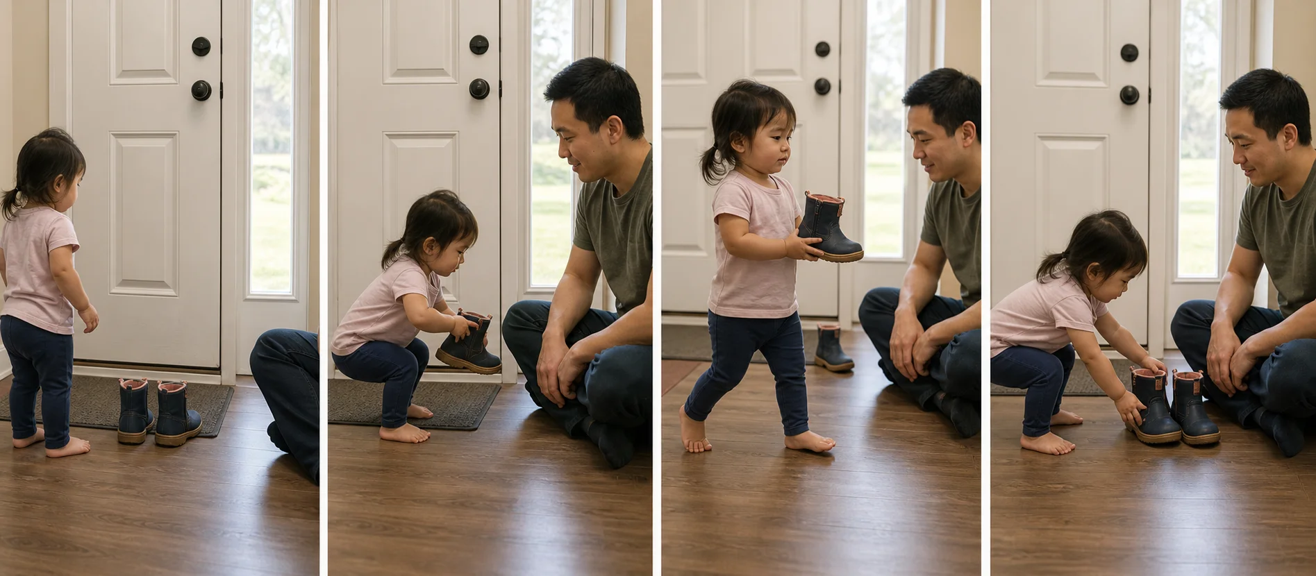 Four panels showing shoes by the door, a toddler picking one up, carrying it across the room, and placing it beside a grown-up before going back for the match.