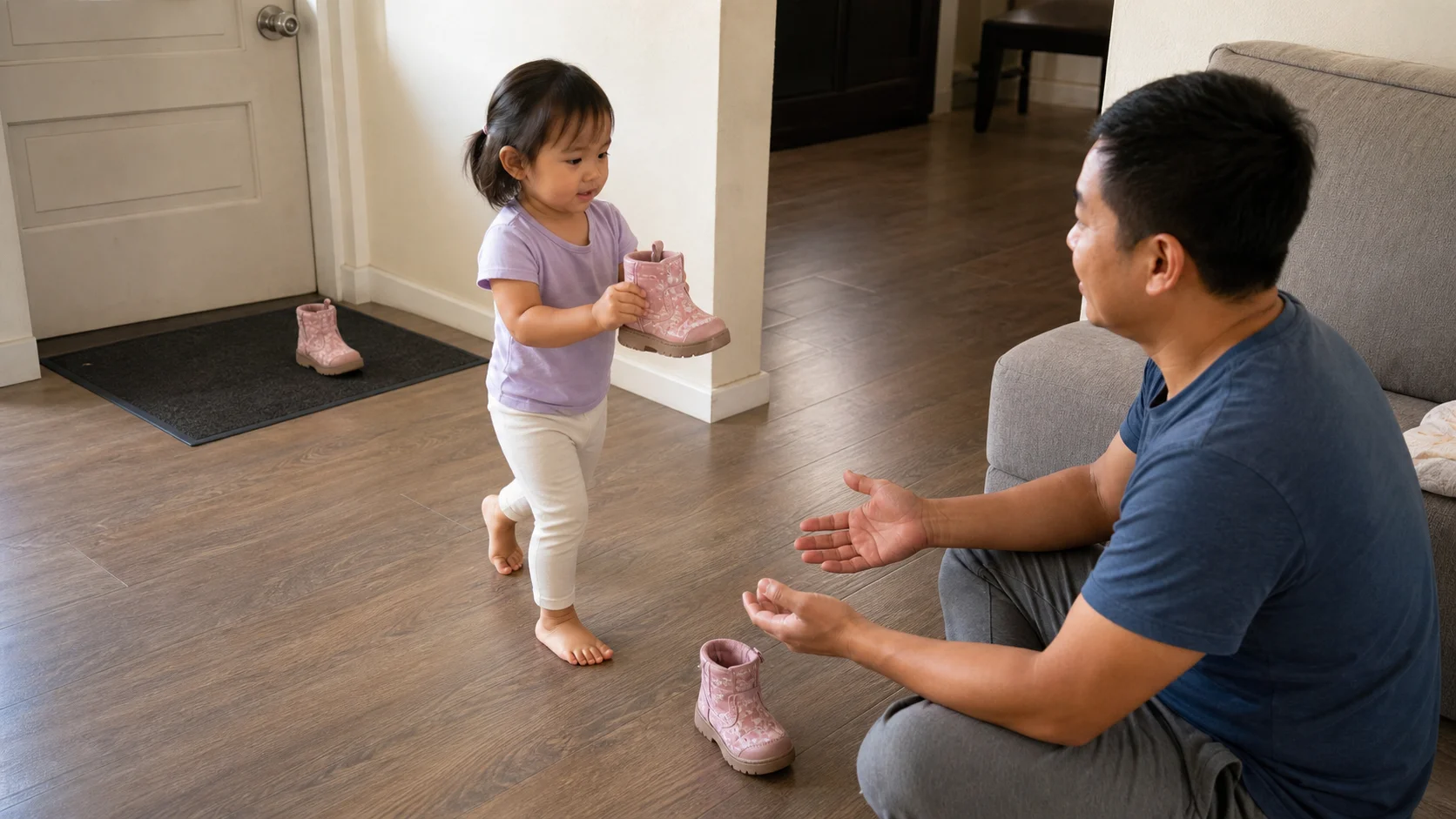 A toddler carrying one boot from the door to a grown-up sitting nearby during a simple dressing routine game.