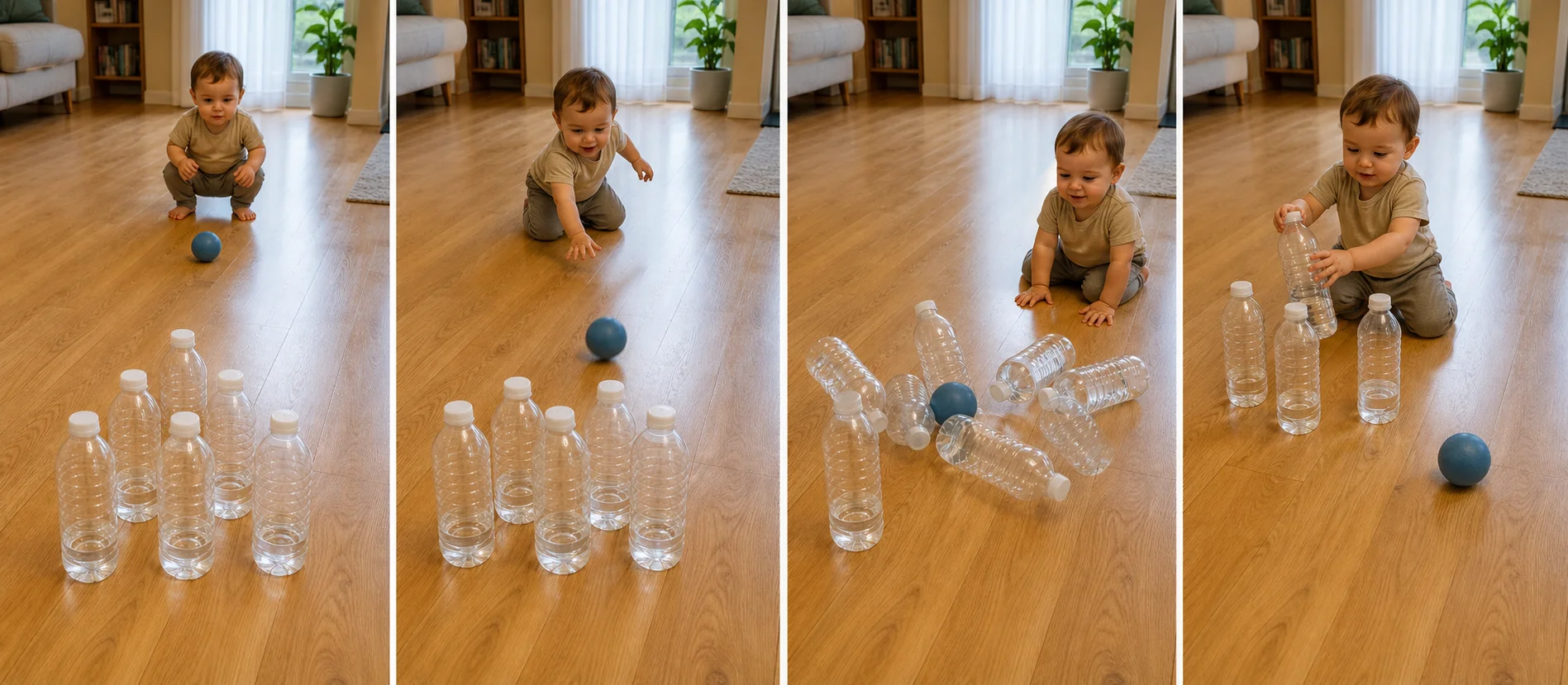 Four panels showing plastic bottles filled a little with water, bottles lined up on the floor, a child rolling a ball toward them, and the bottles getting set back up for another turn.