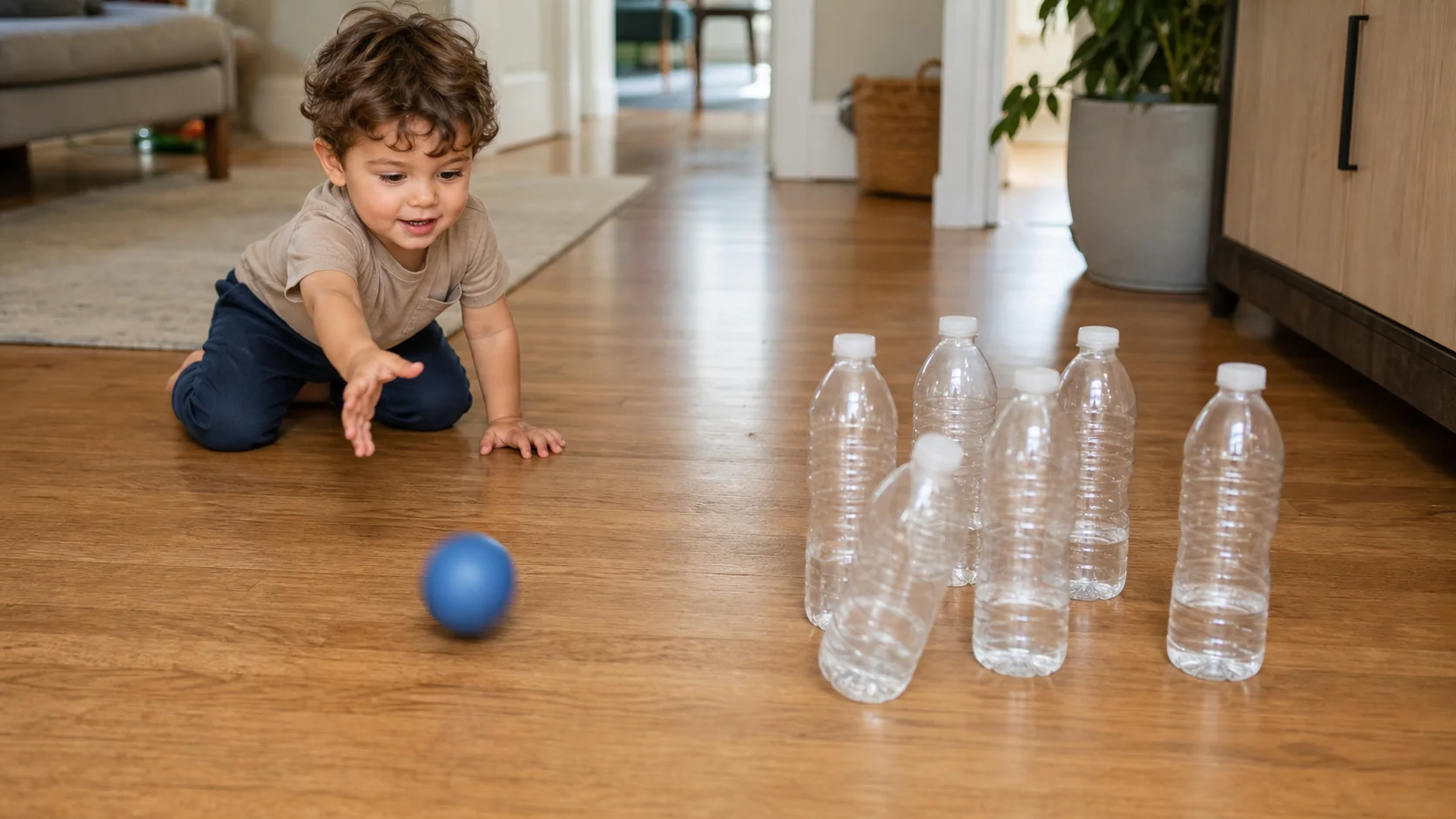 A toddler kneeling on the floor and rolling a ball toward a small group of partly filled plastic bottles while a grown-up watches nearby.
