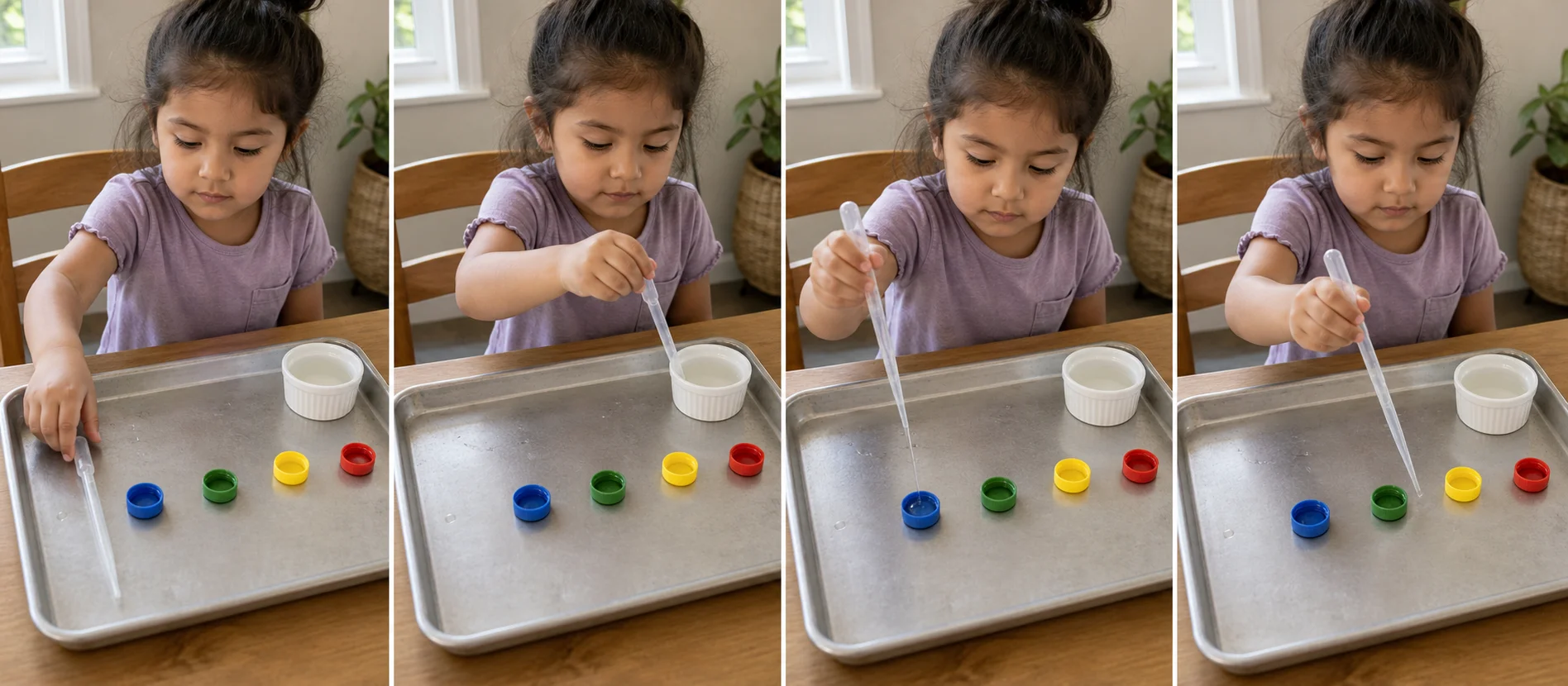 Three-step sequence showing a child loading a pipette, aiming at a bottle cap, and filling caps with water.