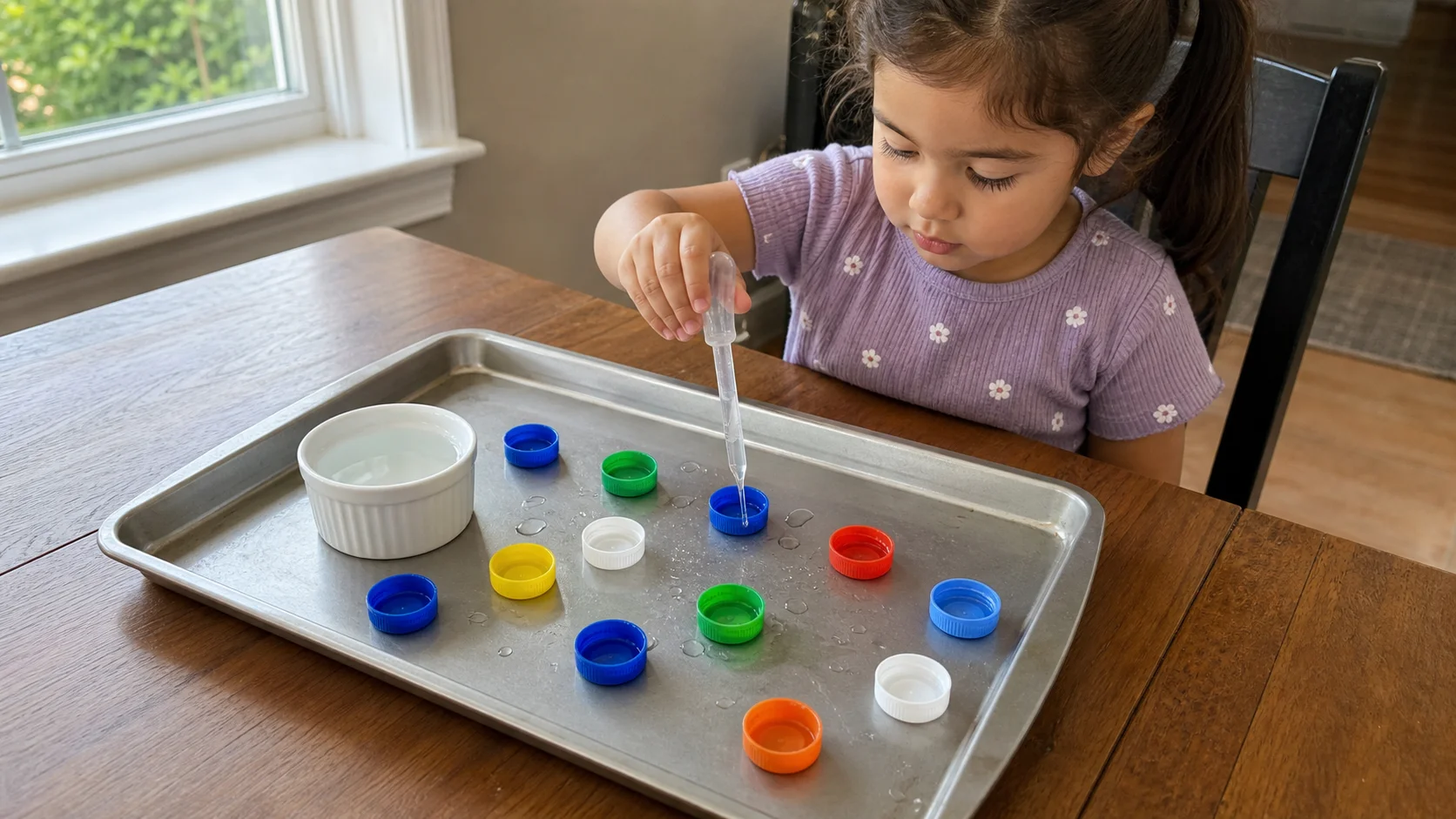 Child using a pipette to squeeze water into bottle caps on a tray.