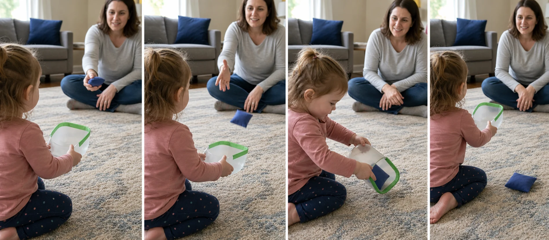 A multi-panel sequence showing a child holding the scoop ready, catching a soft toss, tipping it out, and resetting for another turn.