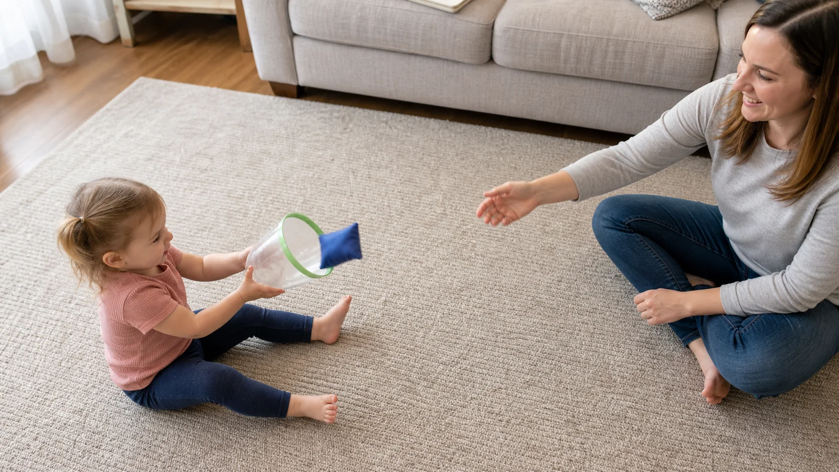A toddler holding a smooth-edged plastic bottle scoop to catch a soft beanbag from a grown-up sitting nearby.