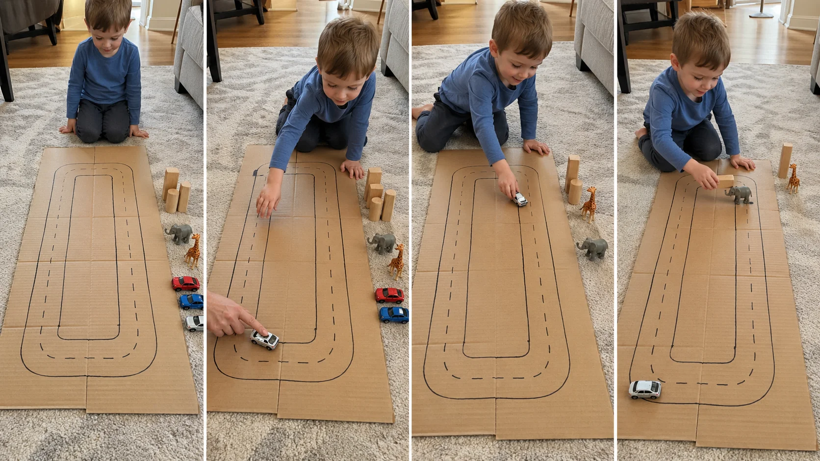 Four panels showing a flattened cardboard road, a grown-up modeling one car trip, a child adding blocks and animals, and the car driving through the changed scene.