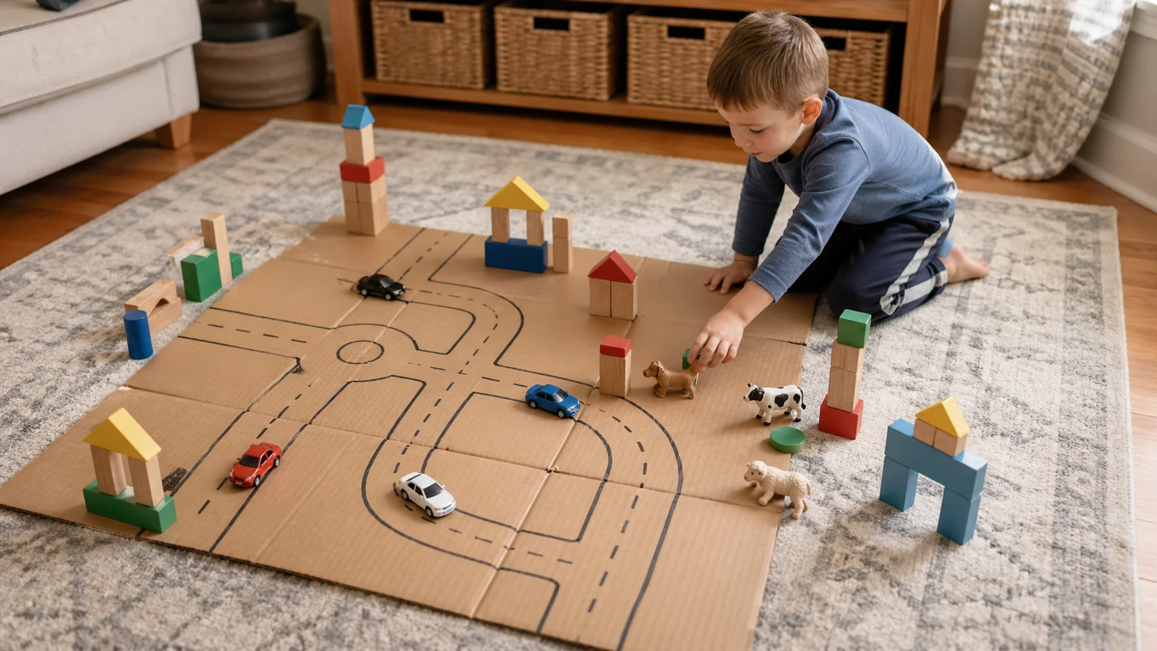 A child driving a toy car along a marker road drawn on flattened cardboard with blocks and small toy animals nearby.