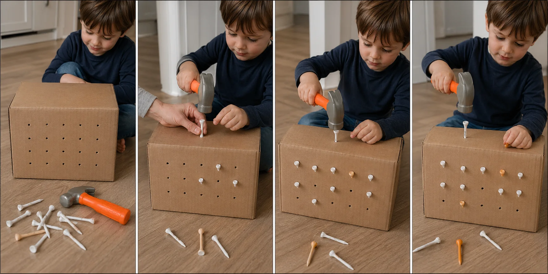 Four panels showing a grown-up punching starter holes in a cardboard box, placing one golf tee in a hole, a child tapping it with a hammer, and the child hammering another tee from a new box angle.