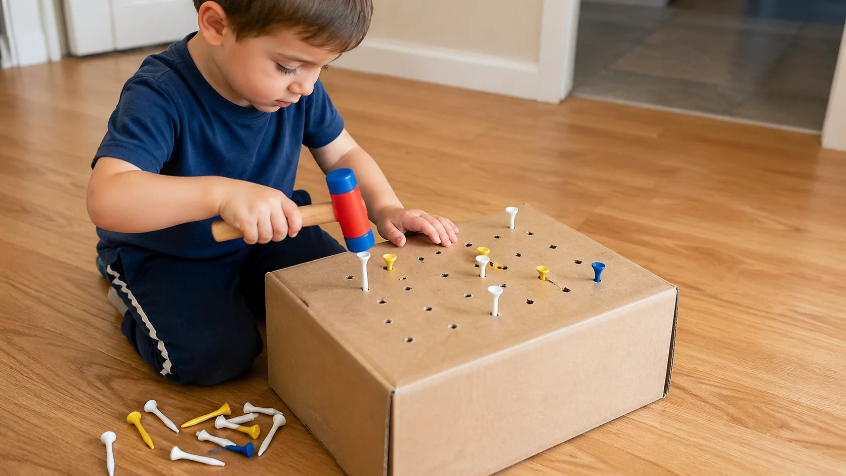 A child kneeling by a cardboard box and tapping a golf tee into a starter hole with a small hammer while extra tees wait nearby.