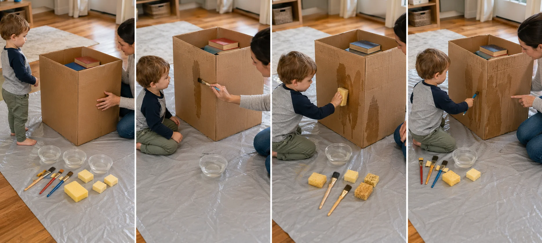 Four panels showing a grown-up setting a weighted cardboard box on a floor covering, placing shallow bowls of water beside it, a child brushing one wet stripe onto the box, and the child using a sponge on a new dry side.
