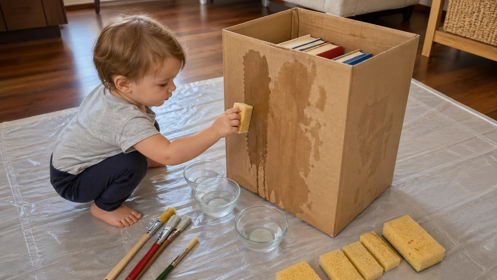 A child standing beside a cardboard box and brushing water onto the outside while dark wet marks spread across the surface.