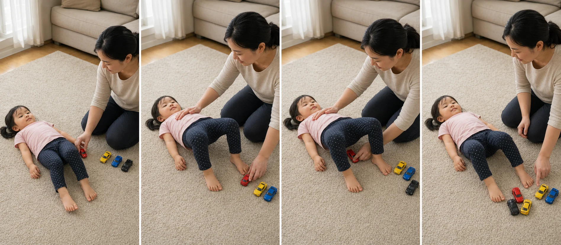 A multi-panel sequence showing a child planting feet, lifting into a bridge, sending one car or soft ball through, lowering gently, and resetting.