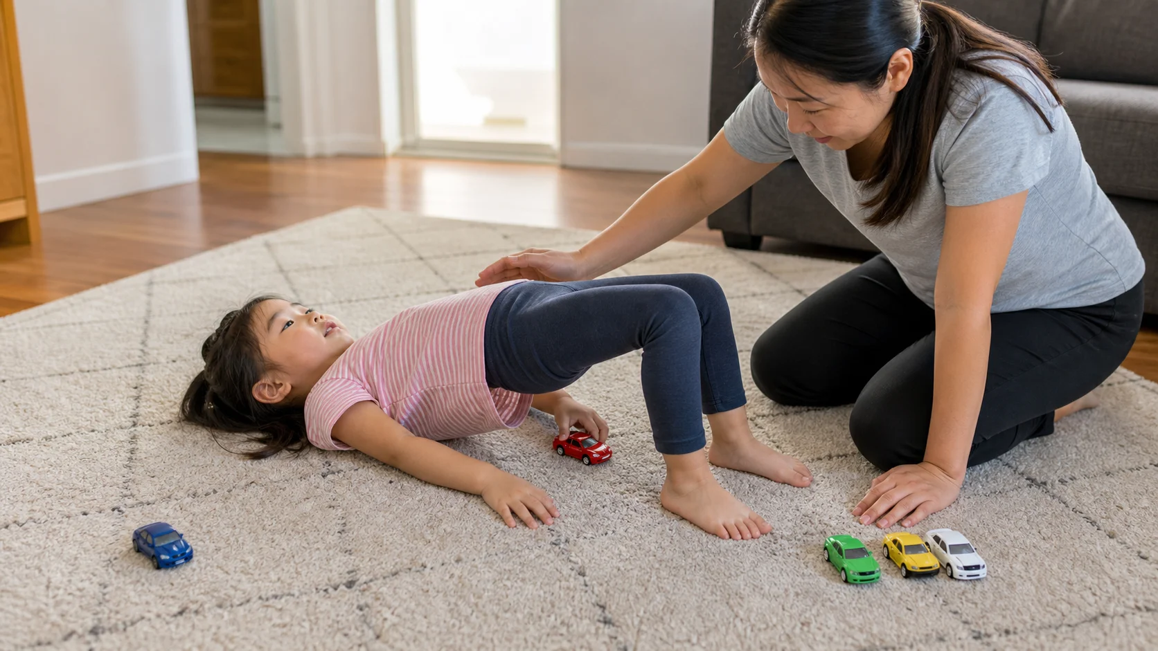 A child lying on a soft floor making a bridge while a toy car rolls under and a grown-up kneels nearby.