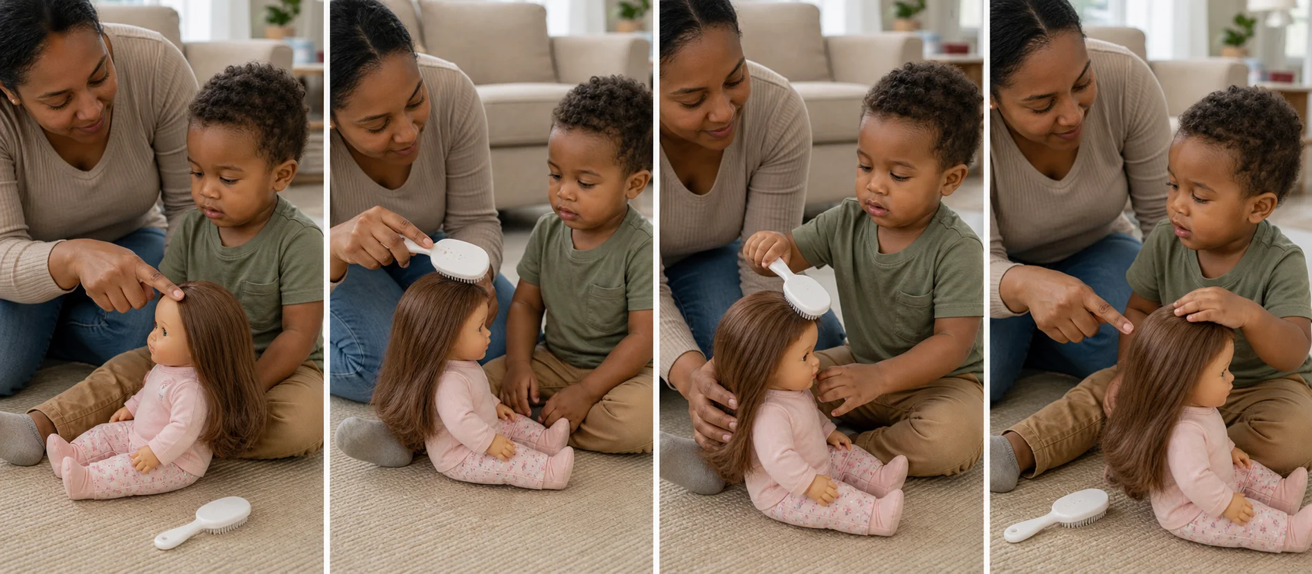 A sequence showing a grown-up modeling one brush stroke, a toddler brushing the doll's hair, and both checking the next spot.