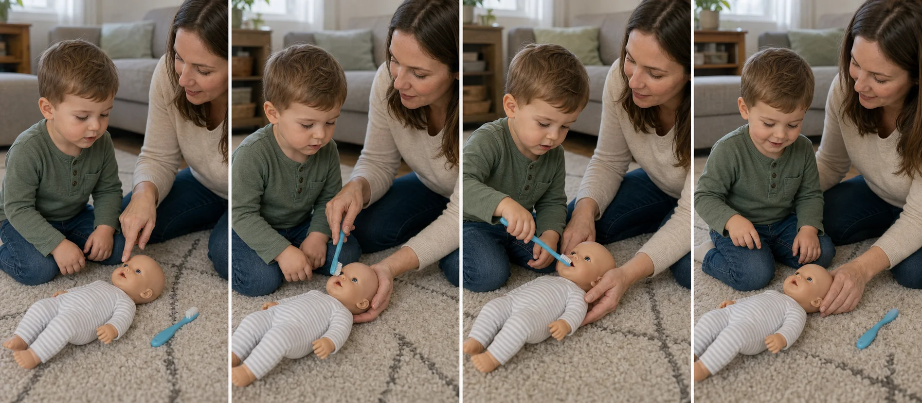 A sequence showing a grown-up modeling toothbrushing on a doll, a toddler taking a turn, and both checking the doll's smile.