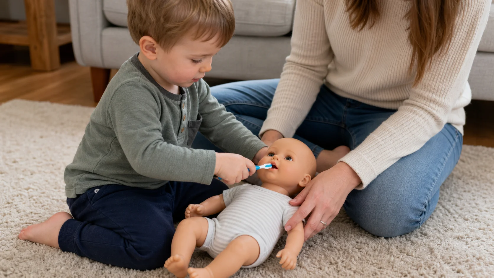 A toddler gently brushing the mouth of a baby doll with a child-safe toothbrush while a grown-up sits close by.