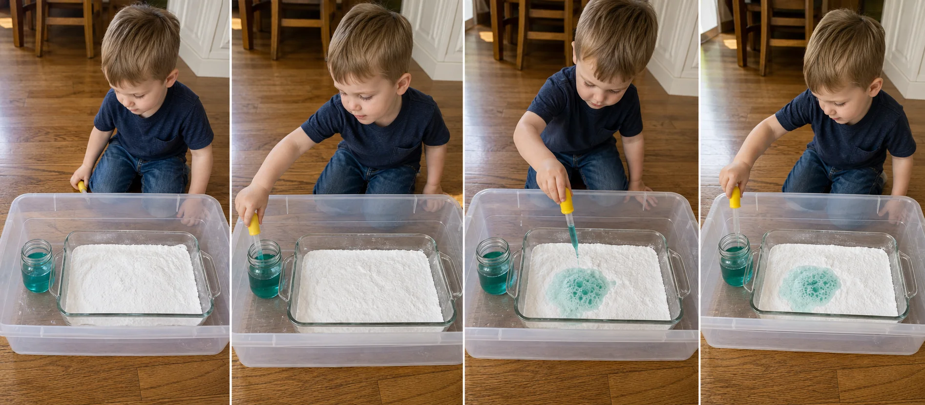 A sequence showing a child filling a dropper, dripping vinegar onto baking soda, watching the fizz, and choosing a new dry spot.