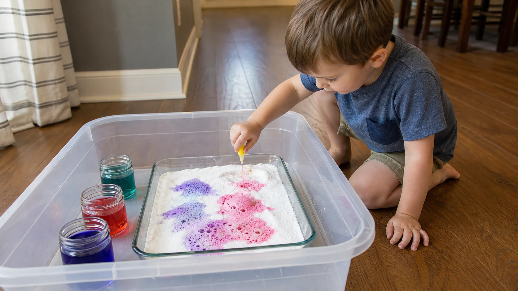 A toddler squeezing colored vinegar from a medicine dropper onto baking soda in a dish inside a storage tub.
