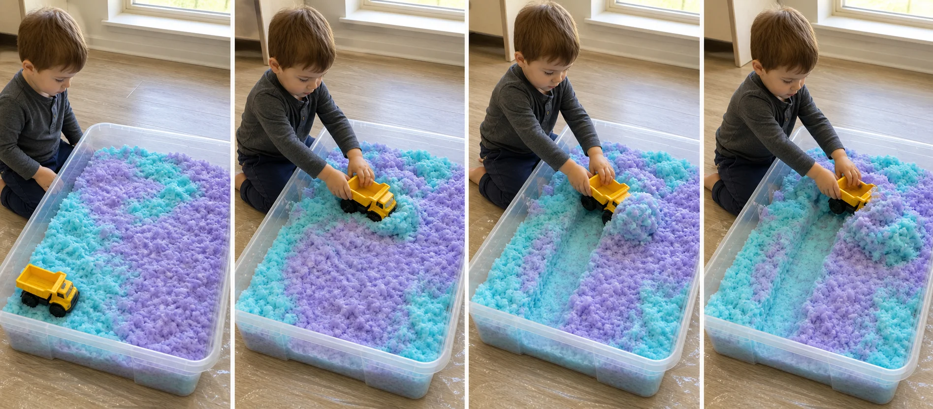 Three-step sequence showing a child choosing a toy truck, driving it through bubble foam, and pushing foam into a mound.