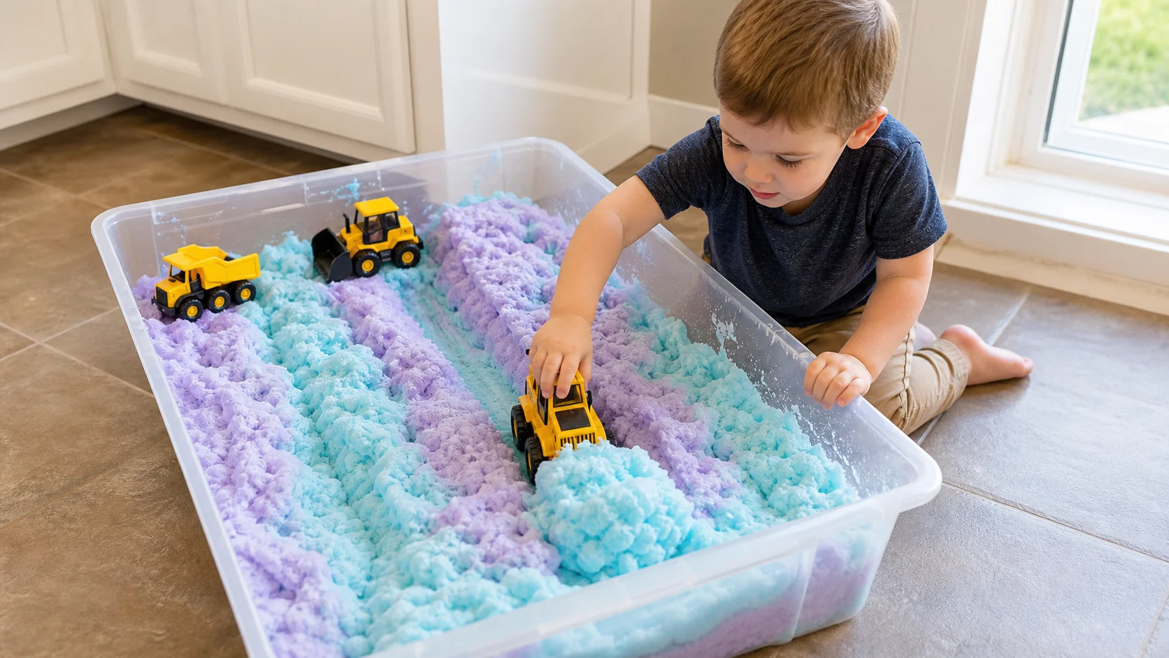 Toddler pushing a toy construction truck through colorful bubble foam in a large sensory bin.