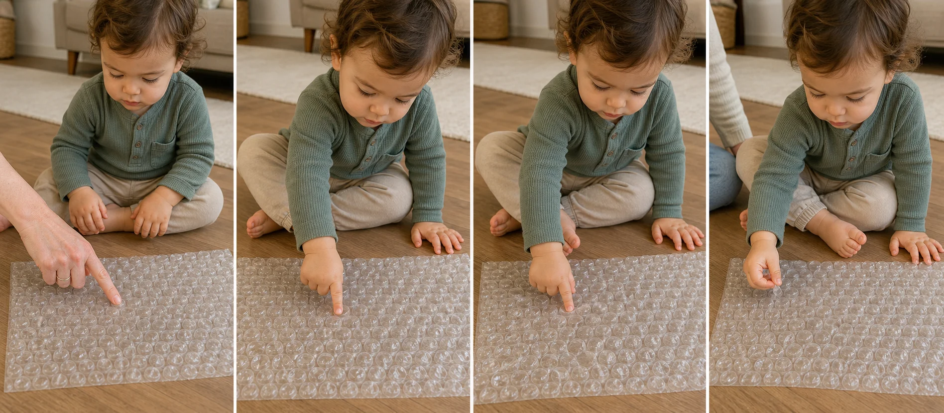 Four panels showing a grown-up laying bubble wrap flat, popping one bubble to start, a toddler pressing bubbles one by one, and the popped sheet being folded up after play.