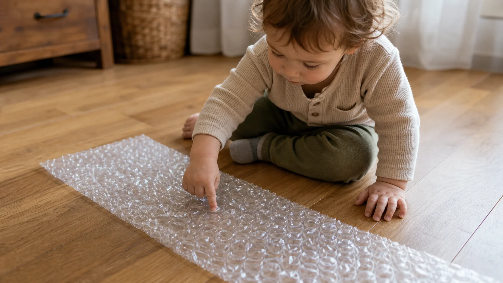 A toddler pressing a sheet of bubble wrap on the floor with one finger while a grown-up watches nearby.