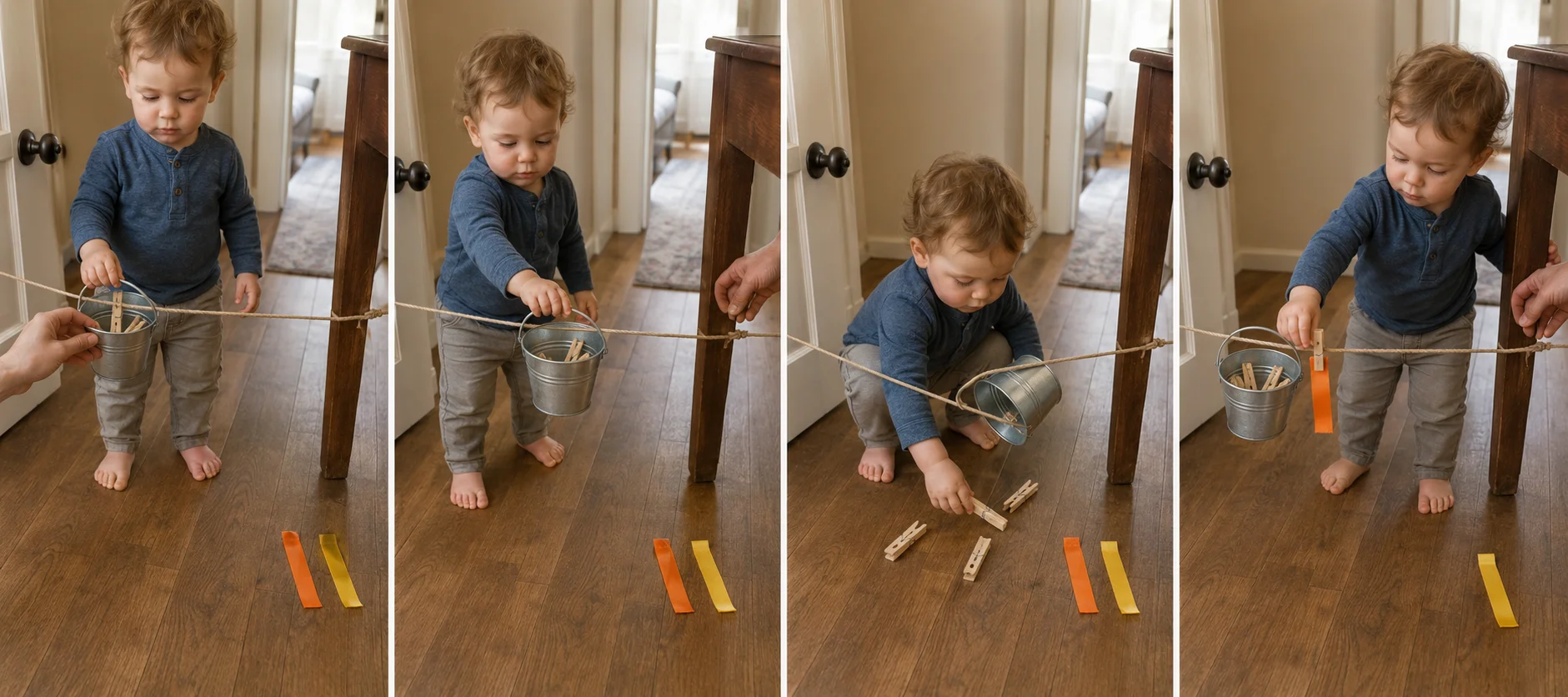 Four panels showing a low twine line setup, a child sliding the bucket, dumping clothespins, and pulling a ribbon from the line.