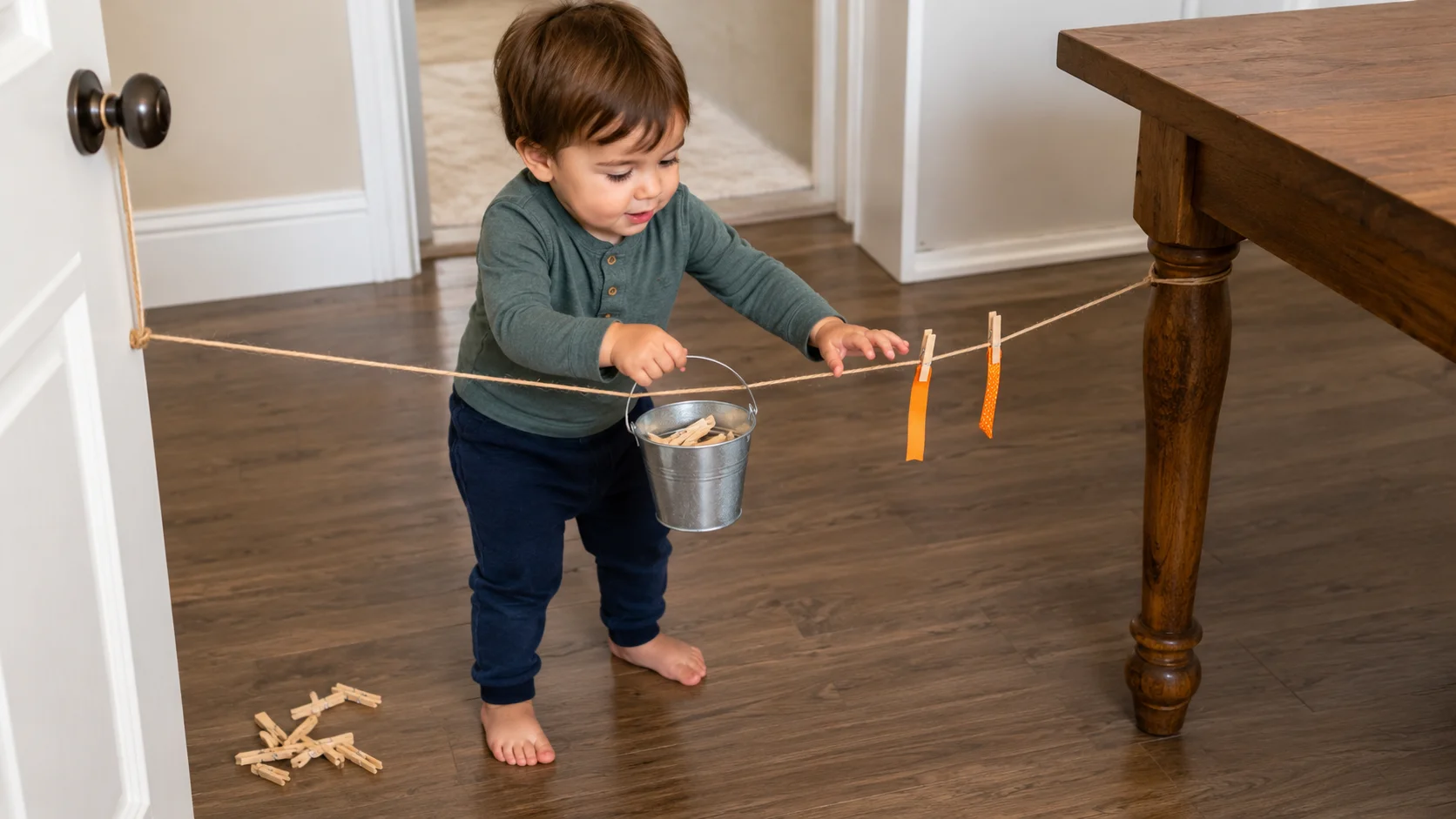 A toddler sliding a small bucket along a low twine line with clothespins inside and ribbons clipped nearby.