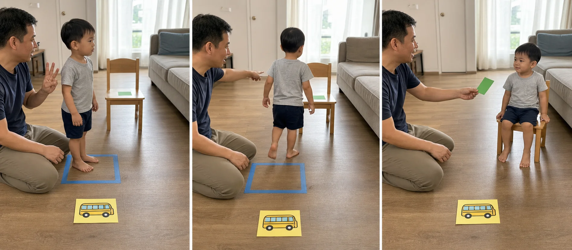 Three-panel sequence showing a toddler waiting at a pretend bus stop, walking to the chair on cue, and returning to reset.
