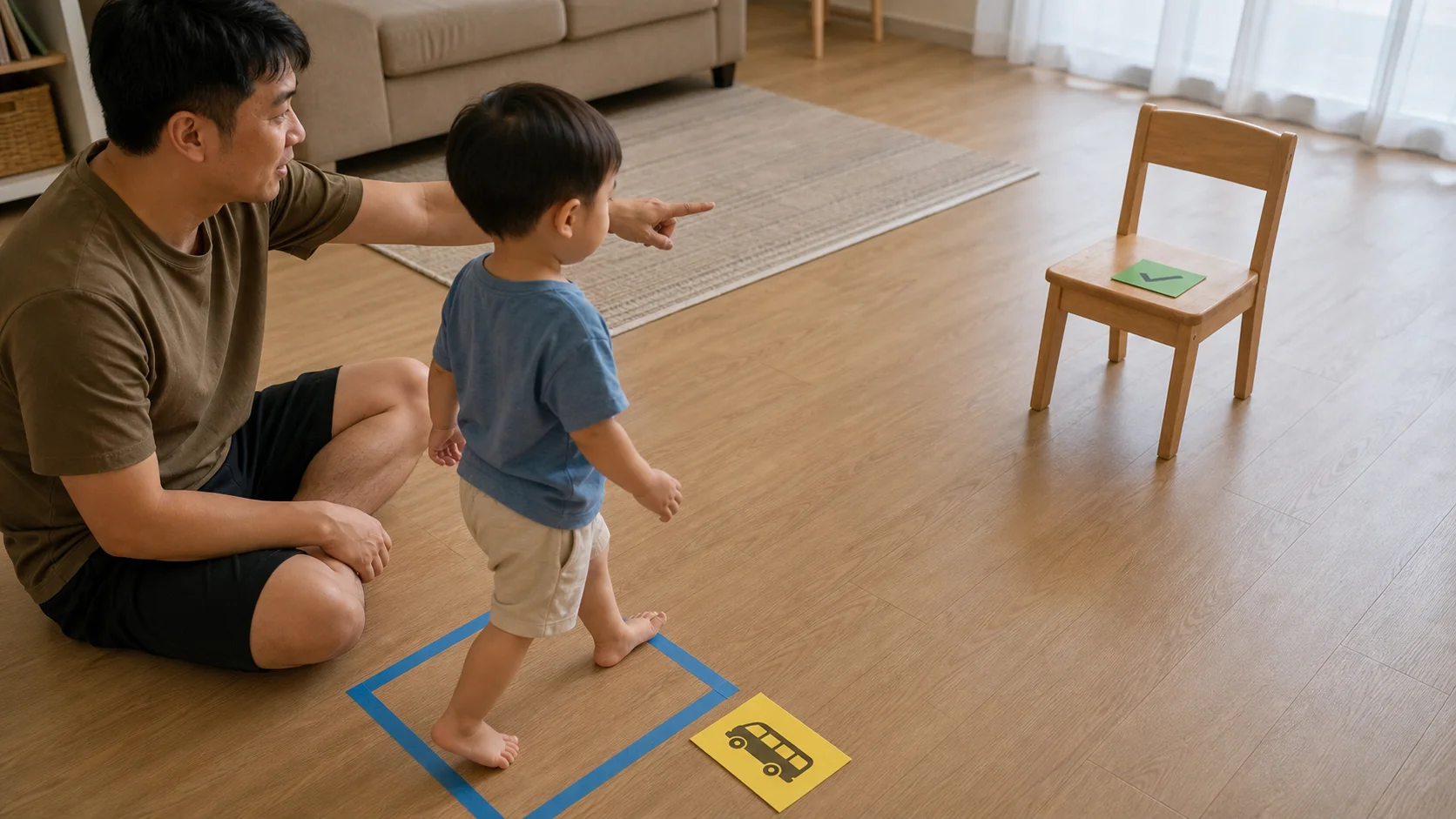 Toddler standing on a floor spot beside a bus picture card while a grown-up points toward a nearby chair.
