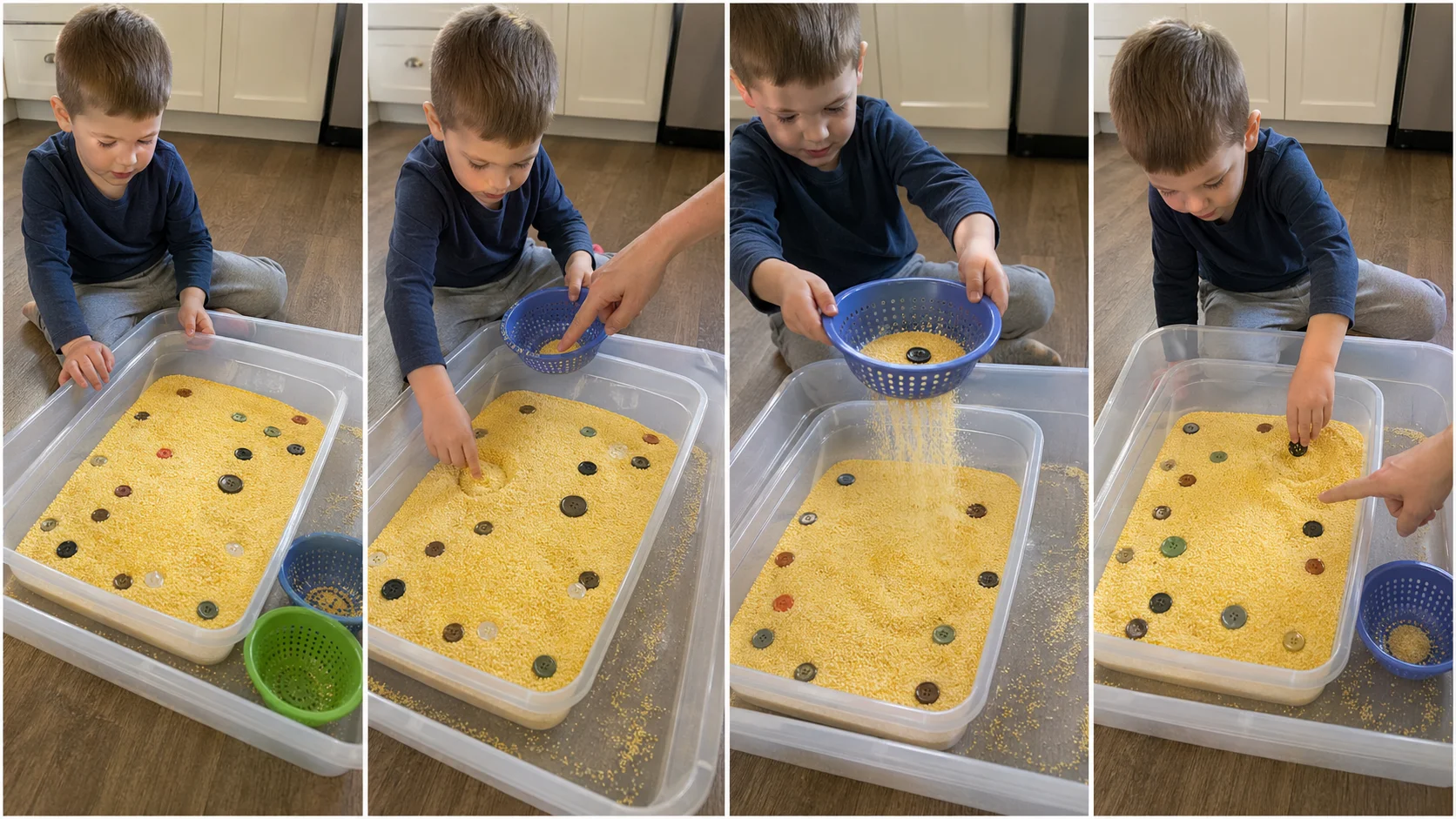 A multi-panel sequence showing a child digging in corn meal, scooping it into a colander, shaking it over the tub, and finding a hidden button.