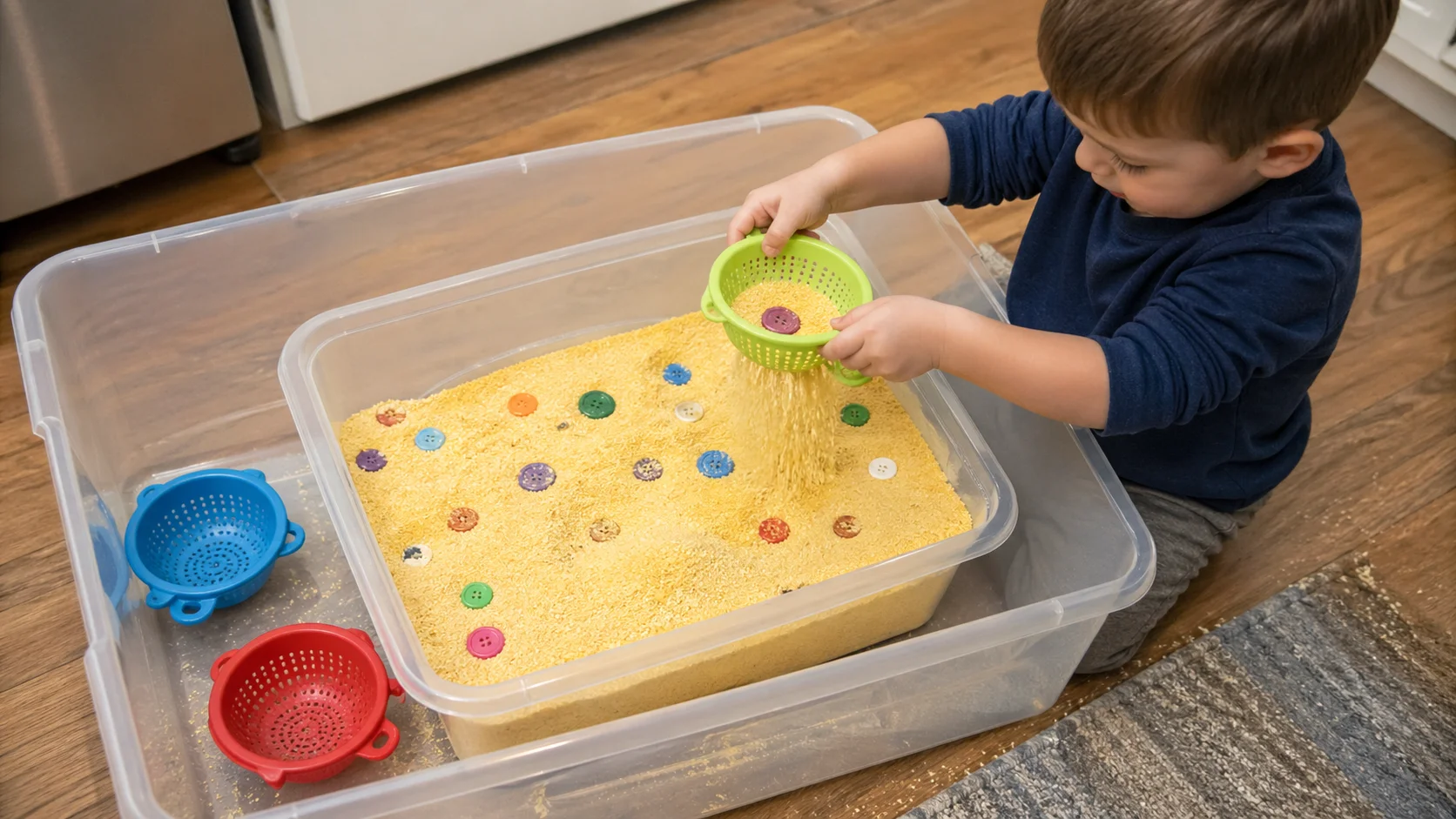 A preschooler digging through a tub of corn meal and shaking it through a small colander to uncover colorful buttons.