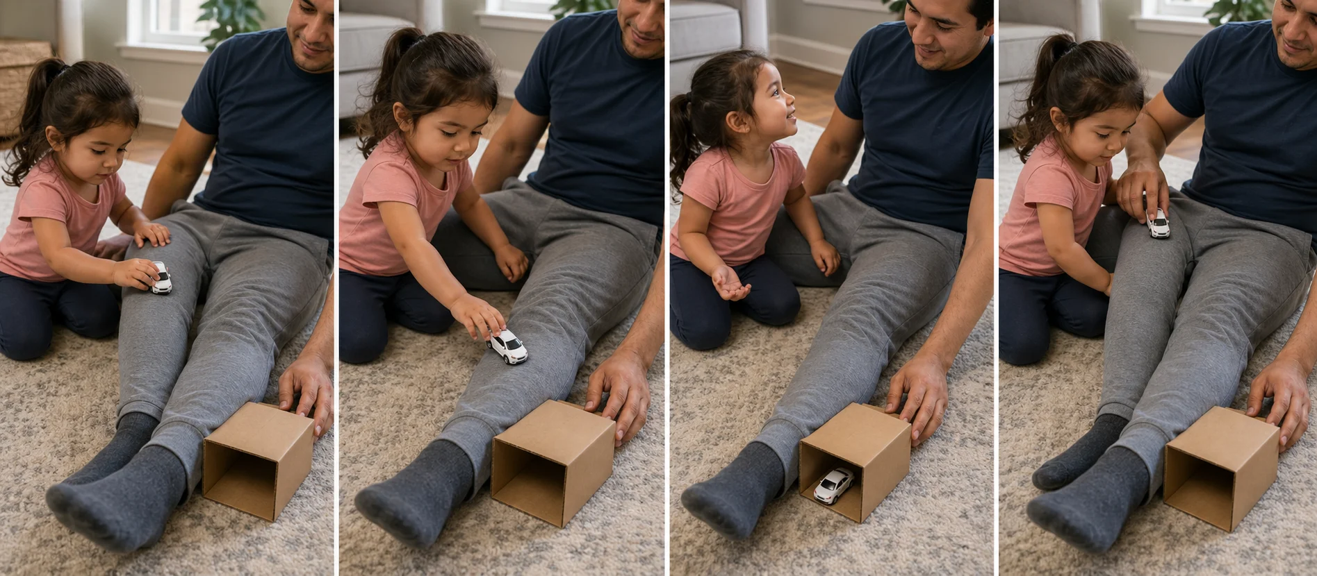 A multi-panel sequence showing a toy car starting at the top of a clothed leg, rolling down the body road, parking in a box, and resetting for another turn.