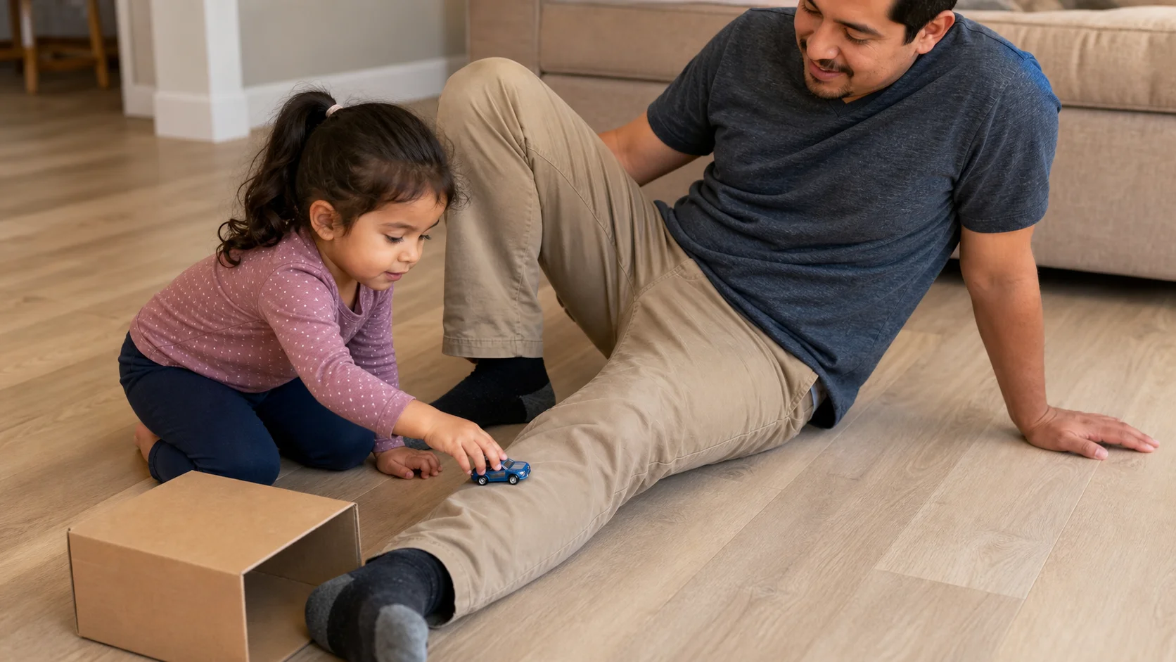 A child rolling a toy car down a grown-up's clothed leg toward a small box garage on the floor.