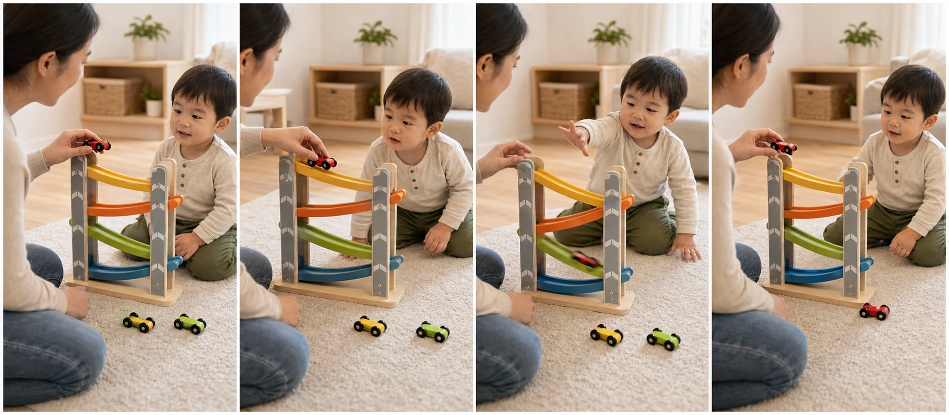 Four panels showing a grown-up holding a car, pausing at ready steady, a toddler signaling go, and the car rolling down the track.