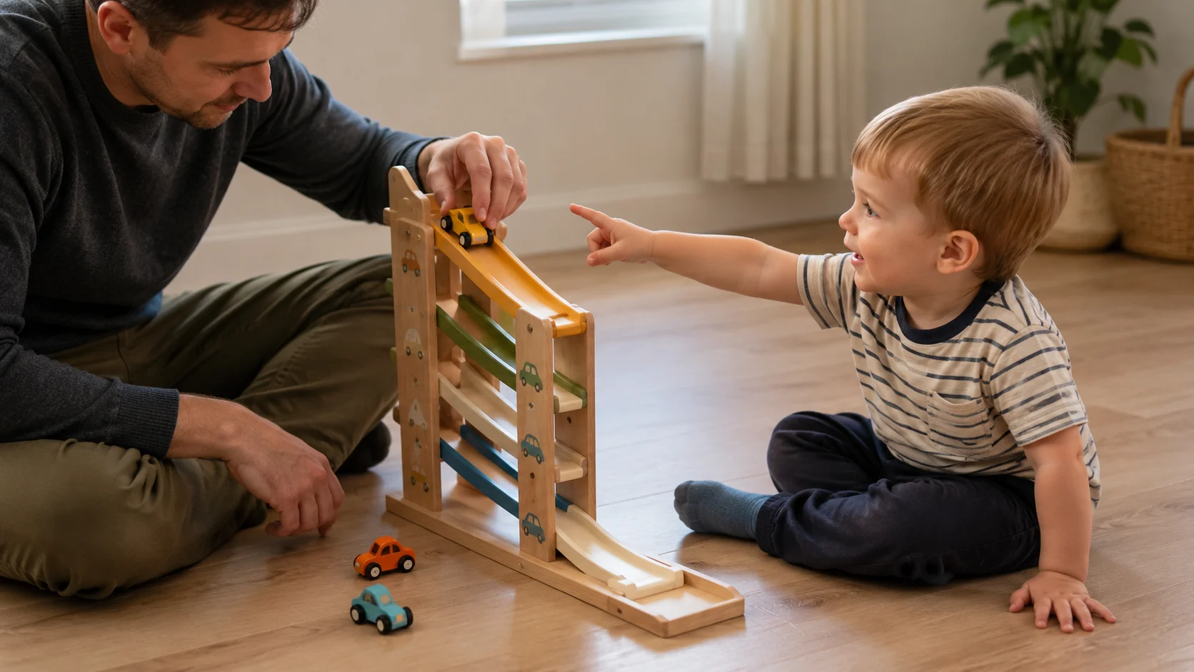 A grown-up holds a toy car at the top of a small ramp while a toddler watches and waits for go.