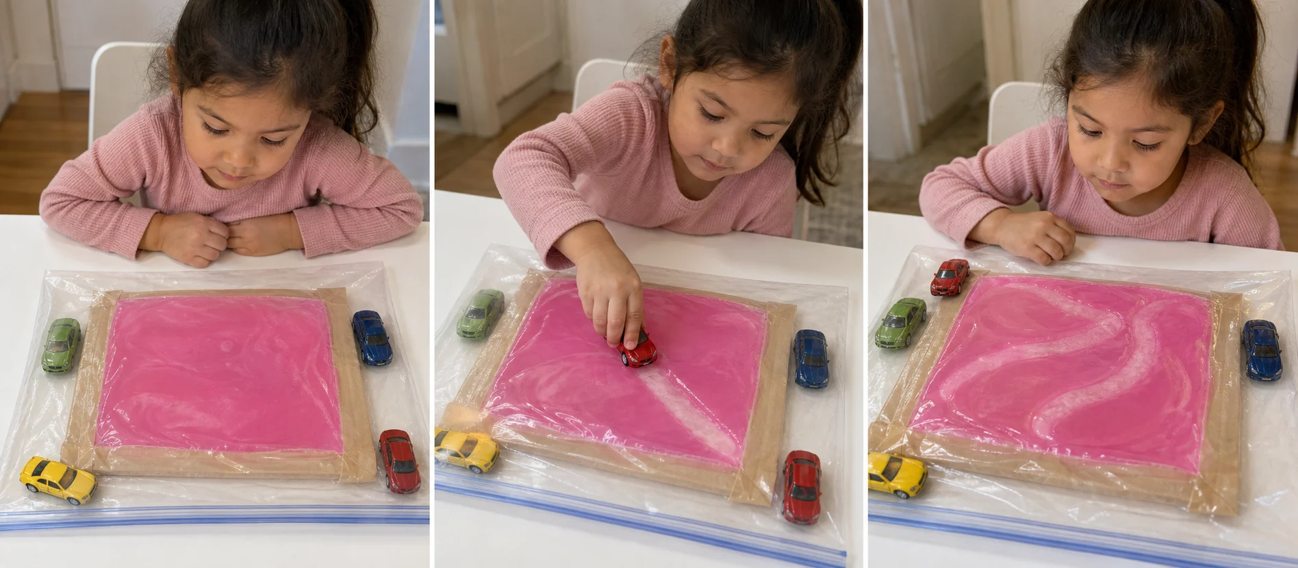 Three-step sequence showing a grown-up sealing the busy bag, a child driving a car to make a track, and cars parked after several roads.