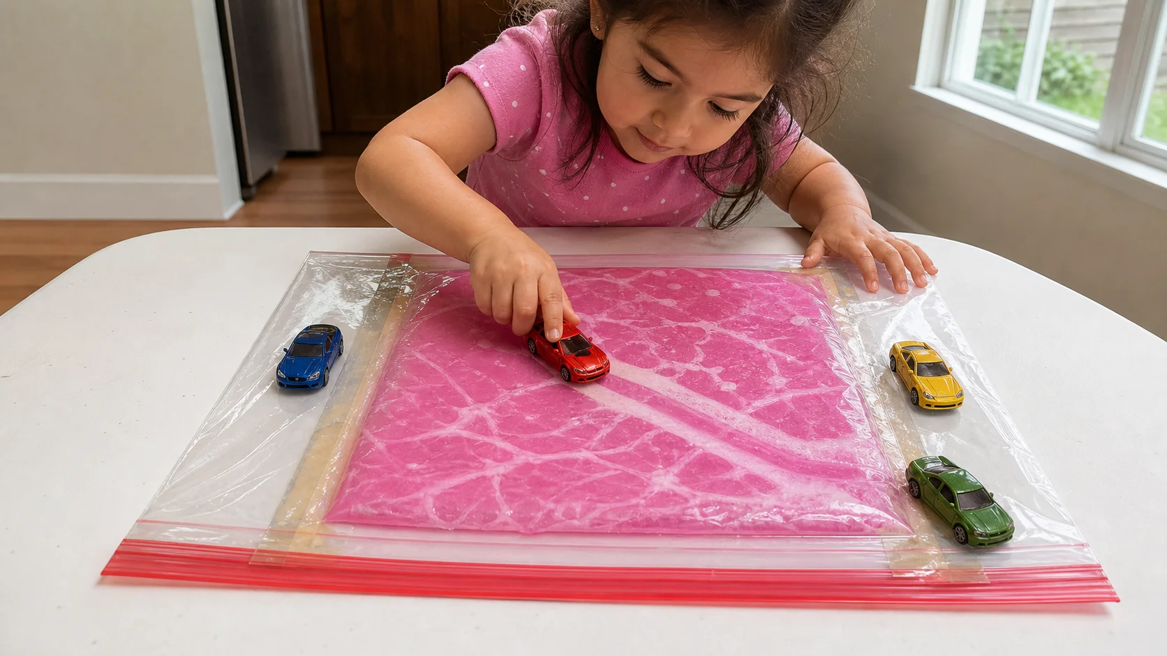 Preschooler pushing a toy car across a sealed soap busy bag and making visible tracks.