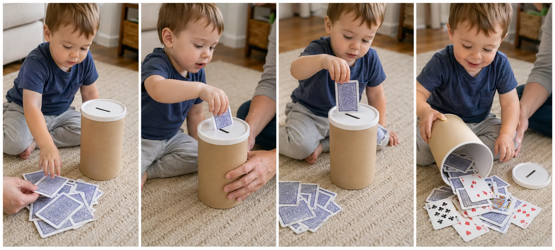 Four panels showing a grown-up cutting a card-width slot in a container lid, setting cards beside the container, a toddler turning one card to match the slot, and the toddler dumping the cards out to start again.