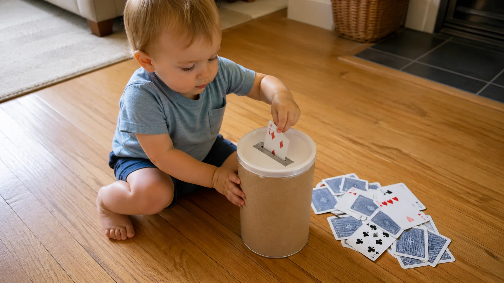 A toddler sitting beside a lidded oatmeal container and pushing a playing card through a narrow slot while more cards rest in a loose pile nearby.