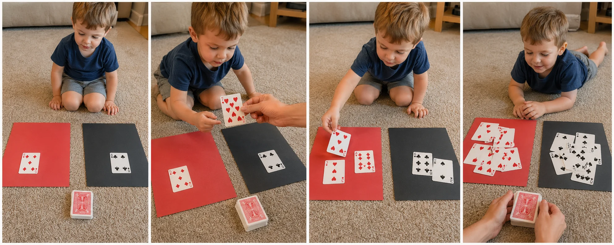 Four panels showing a grown-up laying out red and black papers, placing one example card on each sheet, a child sorting one card by color, and the child finishing a small red and black card pile.