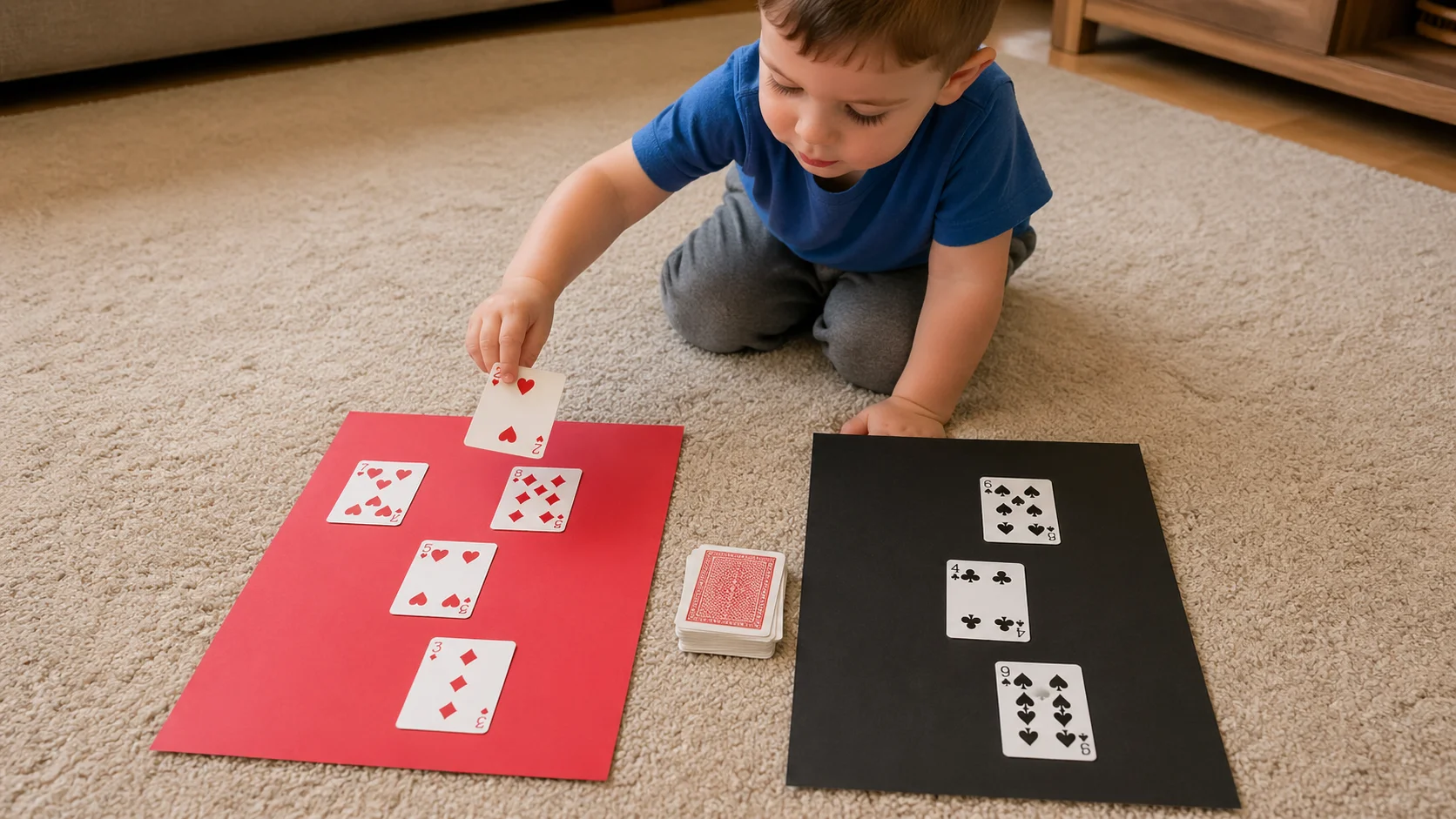 A child sitting at a low table with red and black construction paper, placing a playing card onto the matching color pile while a small stack of cards waits nearby.