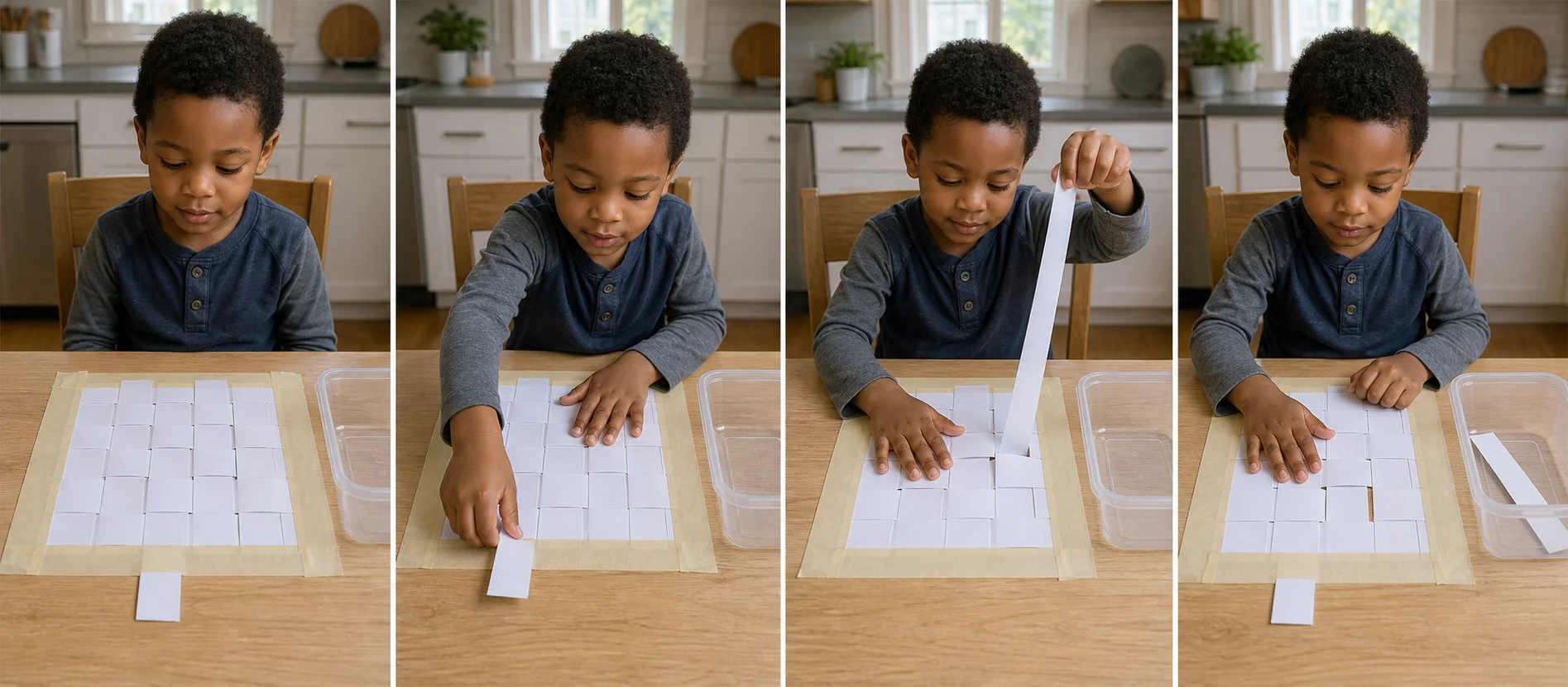 Three-step sequence showing a child holding the card weave, pulling out a strip, and dropping it into a container.
