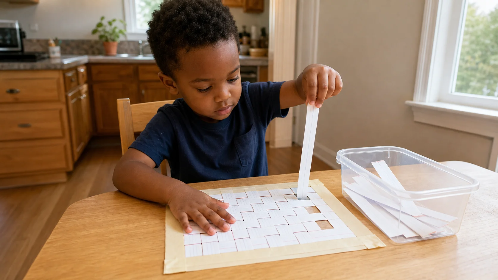 Preschool child holding a taped index-card weave steady while pulling one paper strip free.