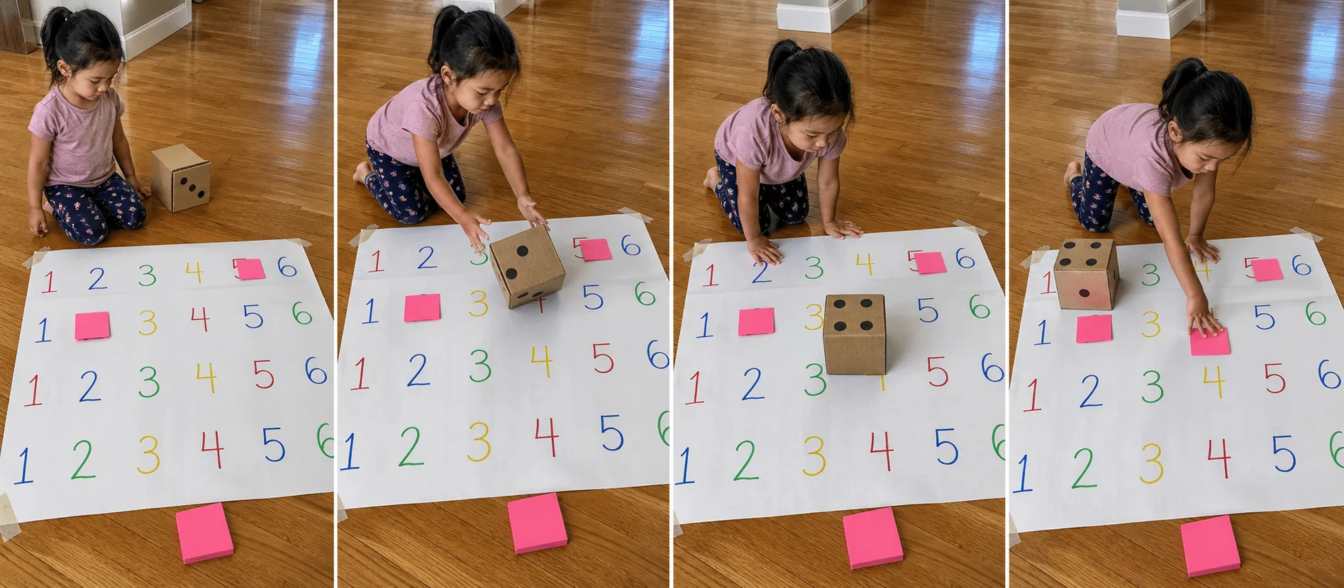 Three-step sequence showing a child rolling the cardboard box, counting the top dots, and covering the matching number.