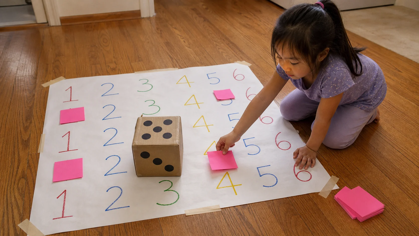 Preschool child rolling a dot-marked cardboard box beside a paper number mat with sticky notes.