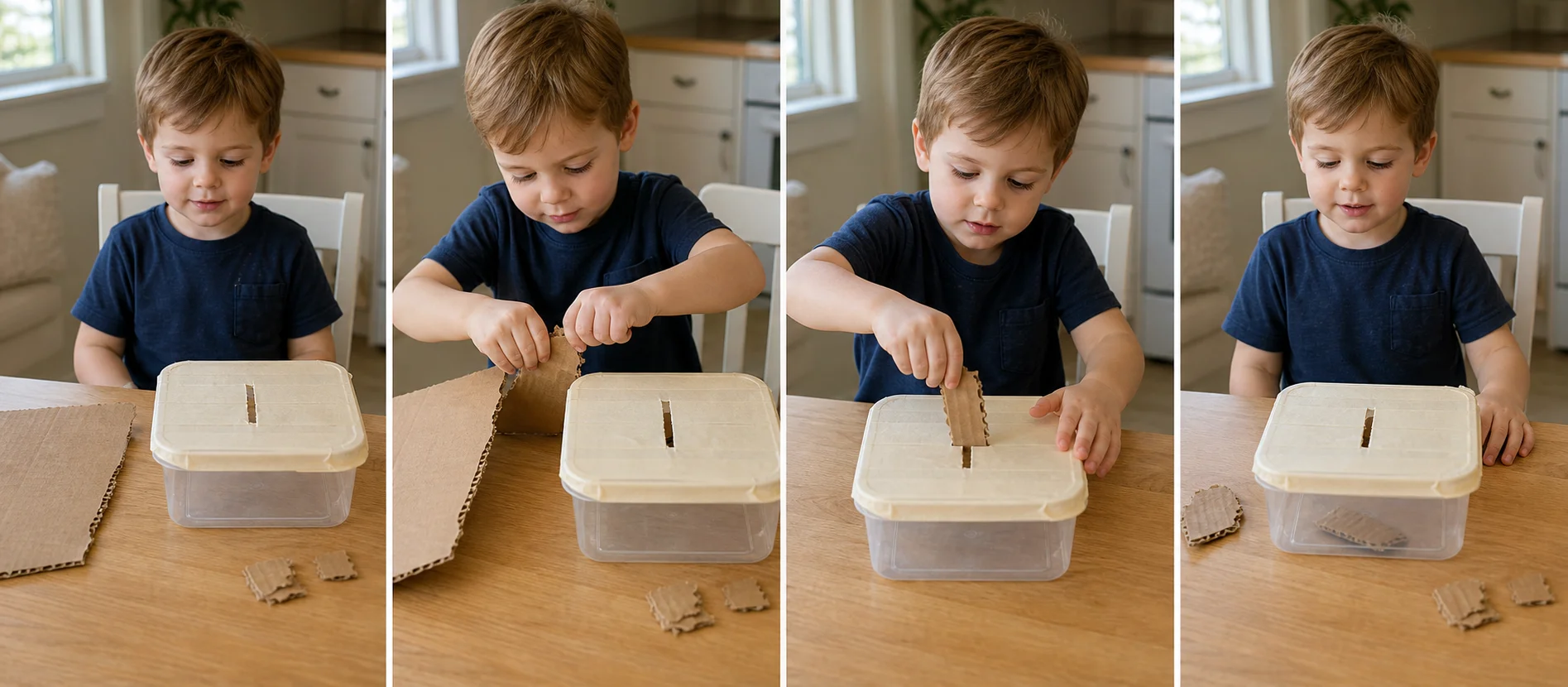 Three-panel sequence showing cardboard tearing, turning the piece to fit, and pushing it through the slot.