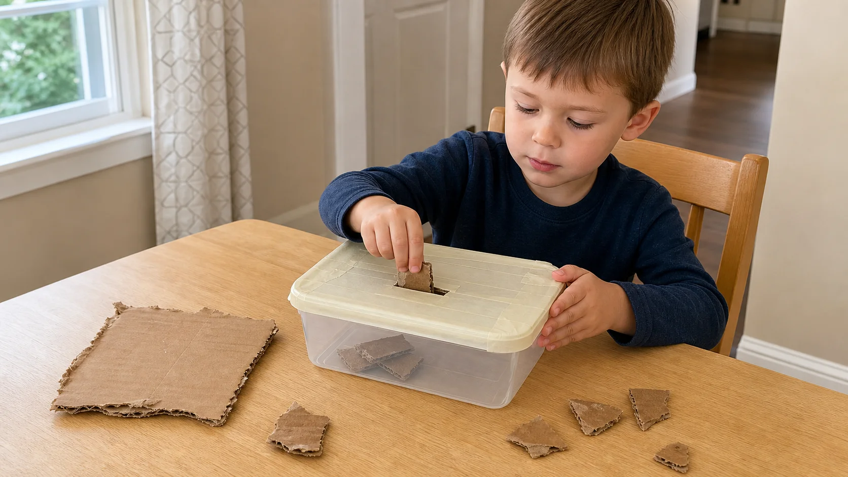 A child seated at a table pushing a torn cardboard piece through a narrow taped slot on a plastic container.