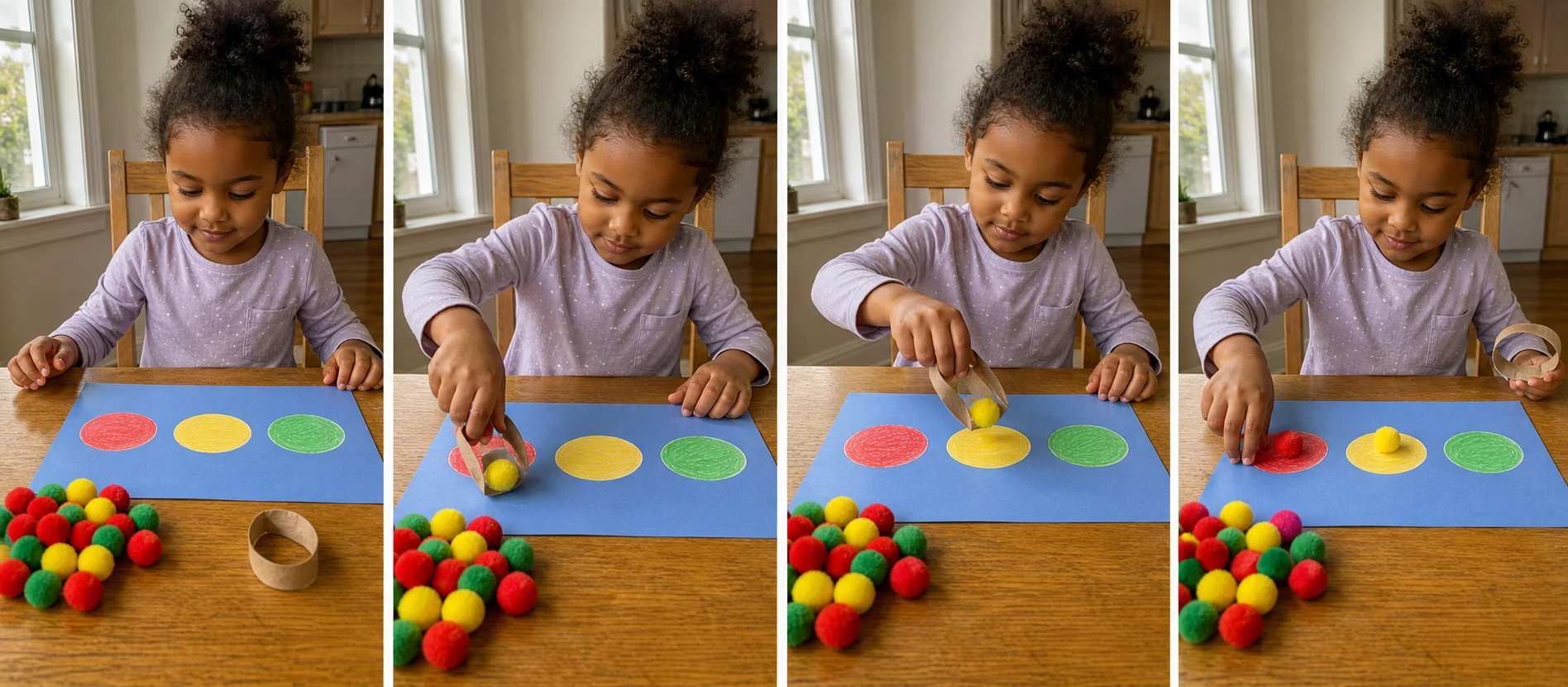 Three steps showing a child squeeze the cardboard ring, carry a pom-pom, and drop it on the matching colored circle.
